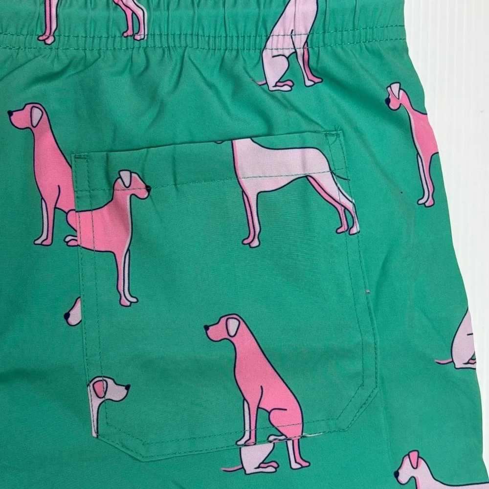 Mens Tropical Dog Print Swim Trunks Teal‎ Pink Retro Preppy Board Shorts